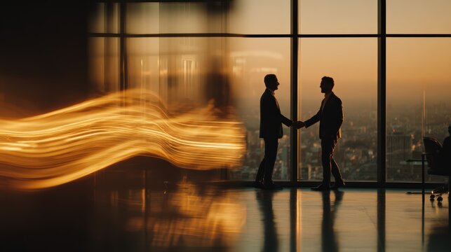 Cinematic Handshake Between Business Professionals in Penthouse Office with Data Streams
