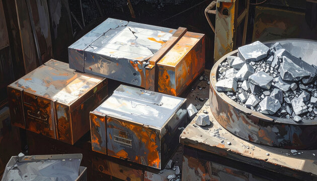 Metal blocks and container in workplace
