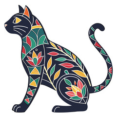 Feline artwork with colorful lotus and leaf patterns. © cu