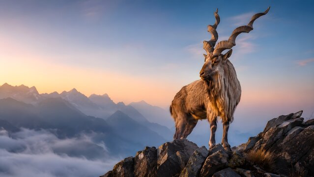Majestic markhor on a rocky ledge at dawn with misty mountains behind. Ideal for International Day of the Markhor, conservation, and biodiversity campaigns.