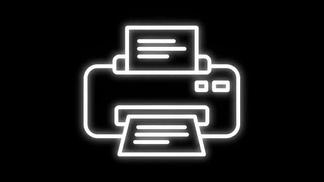 Neon Printer Icon Animation on Black Background.