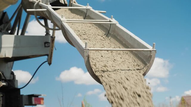 Concrete pouring from industrial mixing truck chute during construction project on sunny day.