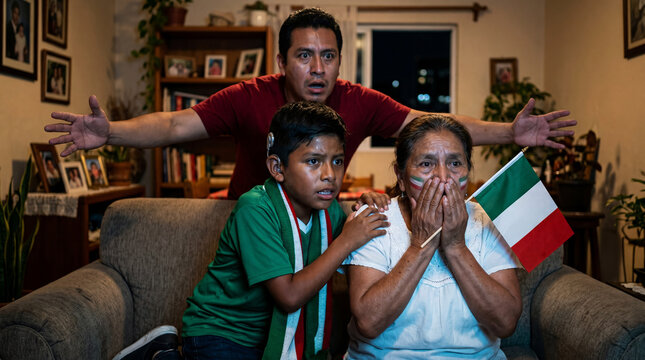 Mexican family experiencing intense tension and anxiety while watching a high-stakes football match on television at home, with grandmother covering her mouth and man with outstretched arms