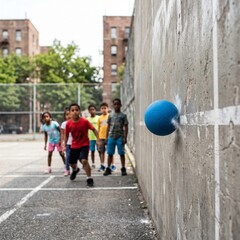 Obraz premium A blue handball striking a concrete wall on a city court, with children waiting for the rebound in the blurred background, highlighting youthful recreation 1:1 ratio.