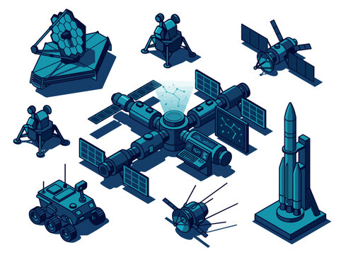An artistic collection of space exploration technology including satellites, spacecraft, rockets, and ground systems symbolizing humanity's quest for knowledge beyond Earth.