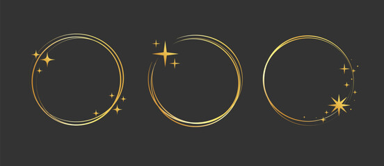 Fototapeta premium Gold frame star line set. Gold ring glitter border with celestial magic light sparkle glow. Modern jewelry ornament fantasy christmas starburst ray decoration. Vector illustration