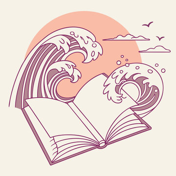 Book with huge wave and birds on peach background.