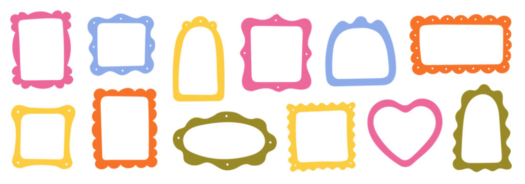 Doodle frame border hand drawn cute set. Fun doodle frame border square, rectangle line photo picture shapes. Cute cartoon children kids squiggly scrapbook stamp vintage card. Vector illustration