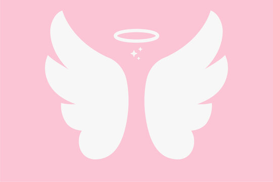 Angel wings halo cartoon cute clipart white silhouette with heavenly stars and elegant minimal shape vector on pink background