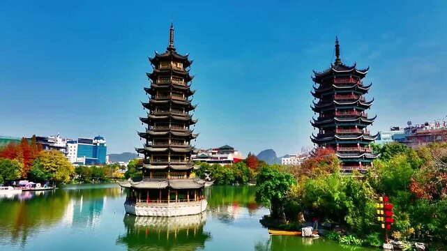 Two majestic traditional chinese pagodas standing tall by the serene waters of a city lake area