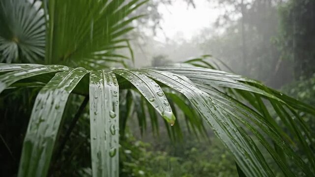 Raindrops fall on a large green palm leaf in a lush tropical forest environment