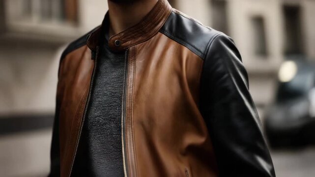 A close-up view of a brown and black leather jacket worn by a person, showcasing the rich texture and design. This trendy piece enhances modern urban attire, perfect for city life.