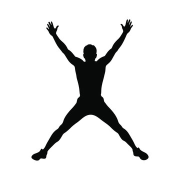 Black silhouette of person doing jumping jack exercise isolated on white background.