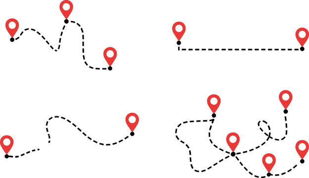 Four route diagrams with red location markers and dashed paths symbolizing travel, navigation, mapping, journey planning, and destination concepts