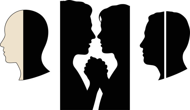 Human relationship and identity silhouettes set with split face, couple interaction and profile concepts for psychology and social themes isolated background