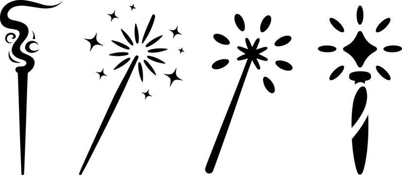 Magic wand icon set featuring sparkling star effects wizard tools and mystical symbols in black silhouette style for fantasy design