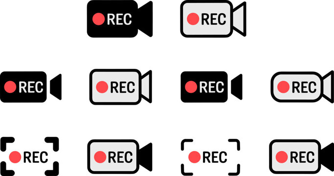 Recording icon set with rec camera symbols red dot video capture interface elements minimal vector collection for media production