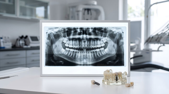 Dental panoramic x-ray with implant model in clinic