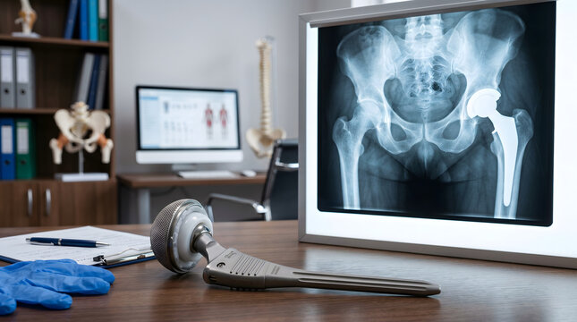 Hip Replacement Implant and X-ray in Radiology Office