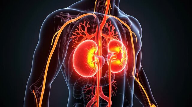 Detailed 3D visualization of human kidneys and urinary system with arteries and veins highlighted in red and yellow