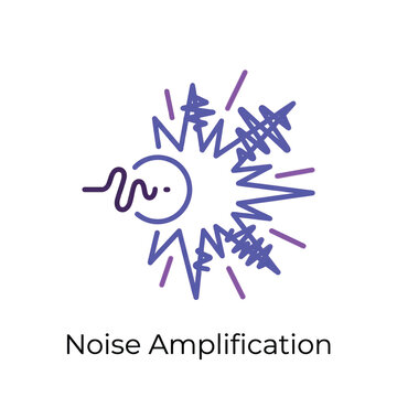 Noise amplification diagram, small signal growing into chaotic spikes, system sensitivity warning, electronics seminar, measurement accuracy training, engineering workshop vector