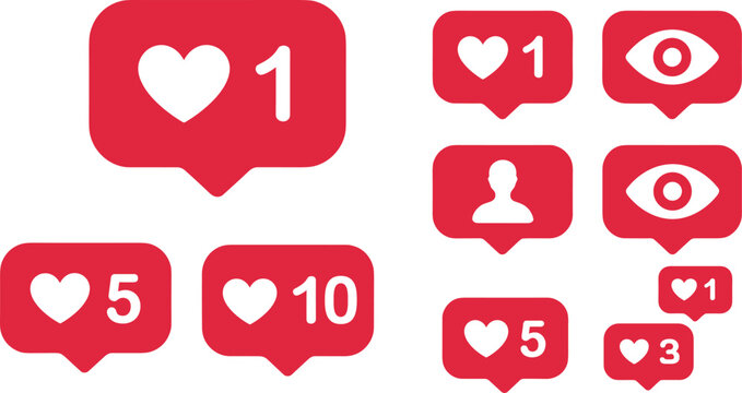 Social media notification icon set featuring like heart counters followers views and user alerts in modern flat red design