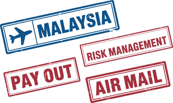 Travel and business rubber stamp set featuring Malaysia air mail payout and risk management labels in vintage grunge style