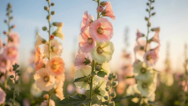 Soft pastel hollyhock flowers blooming in a sunlit garden with a blurred background
