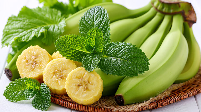 Bunch of green bananas with sliced bananas and mint leaves tropical potassium
