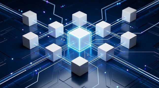 Abstract digital blockchain network, glowing central cube connected to surrounding nodes, concept for decentralized technology and data management.