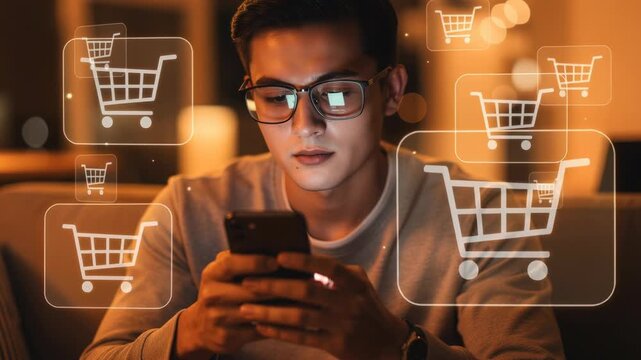 Young man using smartphone for online shopping with digital shopping cart icons in cozy warm light