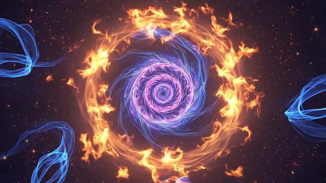 Abstract cosmic vortex with glowing orange fire and blue energy waves in deep space