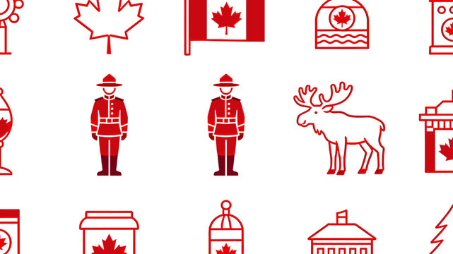 A vibrant collection of Canadian-themed icons, featuring maple leaves, a flag, Mounties, and a moose, all in red and white.