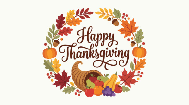 This festive image showcases a Thanksgiving greeting with a cornucopia filled with fruits and vegetables, surrounded by colorful autumn leaves and a warm message.