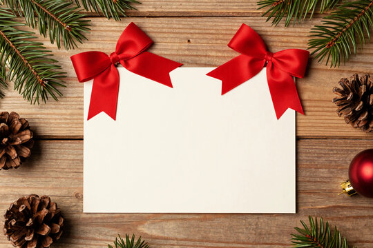Red ribbon bows above a blank card on wooden surface. Top view.