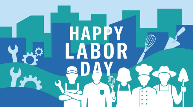 This illustration honors Labor Day by showcasing a diverse group of workers, representing various professions and celebrating the contributions of laborers in society.