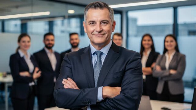 Confident mature businessman standing with arms crossed and diverse team in modern office environment