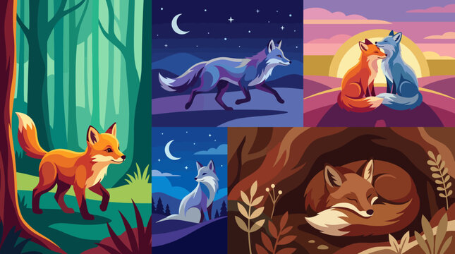 An enchanting collage of foxes in various settings, showcasing the beauty of wildlife and the artistry of nature, emphasizing the magic and majesty of these cunning creatures.
