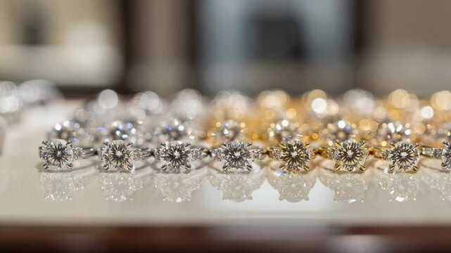 Close up of sparkling diamond rings in gold and silver settings displayed on a reflective surface in jewelry store