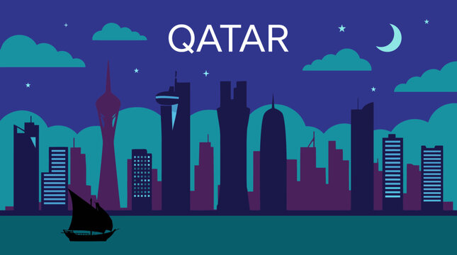 A stylish illustration of the Qatar city skyline displaying modern architecture alongside traditional elements representing the fusion of culture and contemporary urban life.