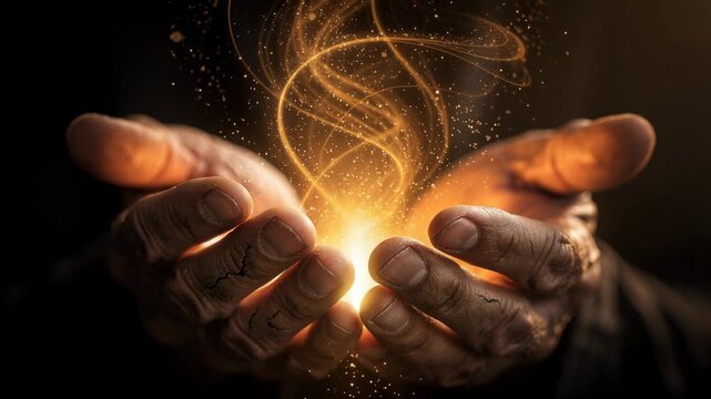 Close up of weathered hands holding magical glowing light with swirling particles in dark background