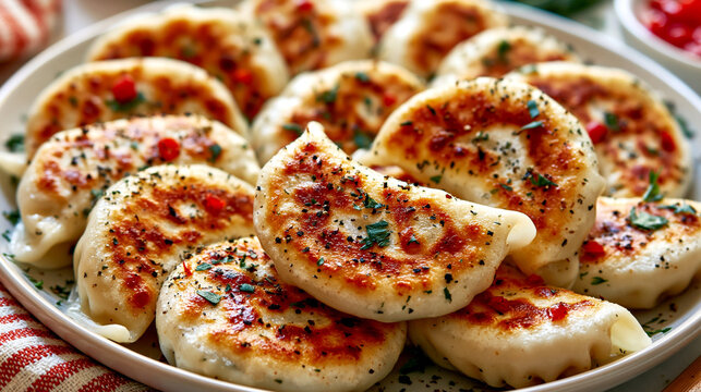 Plate of fried dumplings or pierogi topped with herbs comfort food ethnic food