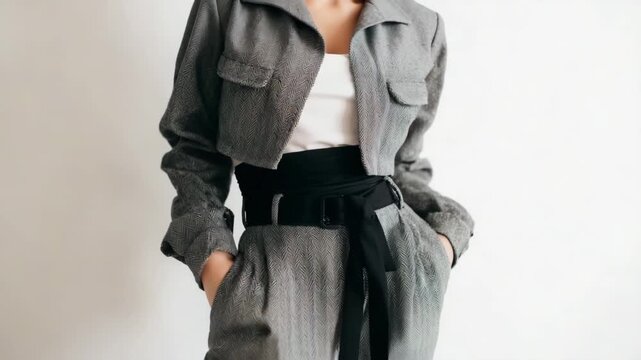 This elegant gray herringbone coat is showcased on a mannequin. It features a black collar and is cinched at the waist with a sleek black belt, highlighting its tailored design.