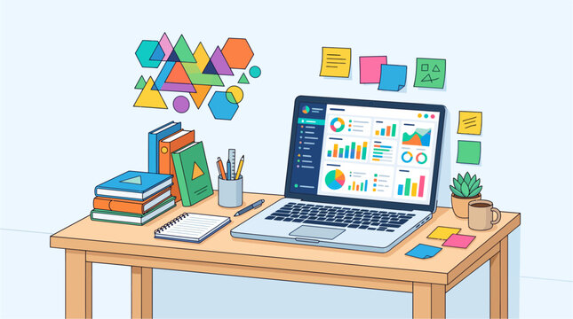Student workspace with laptop showing educational dashboard, stack of books, and colorful sticky notes on the wall