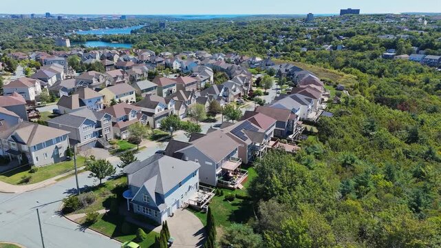 Aerial View Large Residential Homes In Gated Community Halifax Nova Scotia Canada Spacious Suburban Area With Driveways And Fenced Yards Real Estate Scene 4K