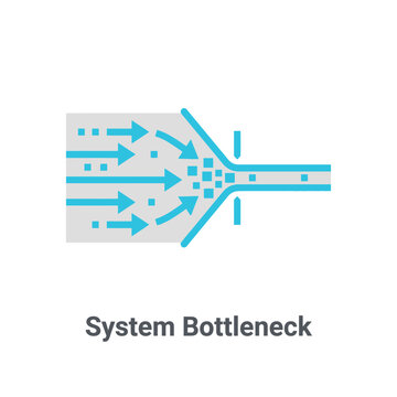 System bottleneck arrows icon, capacity limit visualization, continuous improvement seminar, manufacturing workflow session, throughput analysis, modern conceptual vector illustration design