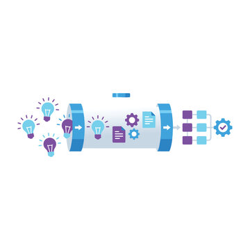 Innovation pipeline illustration, ideas flowing through process tube, research and development concept, startup workshop, product strategy seminar, vector illustration