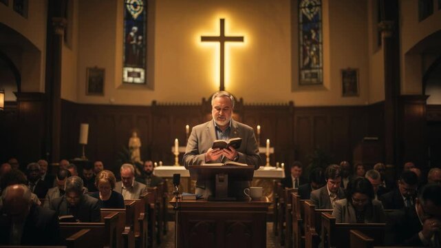 Diverse congregation praying in church with pastor reading Bible near glowing cross and stained glass windows
