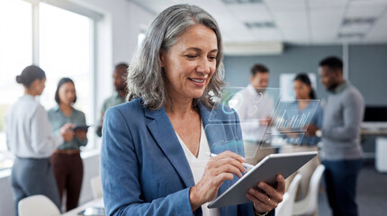Fototapeta premium artificial intelligence AI A middle-aged businesswoman using a tablet in a modern office with colleagues in the background.