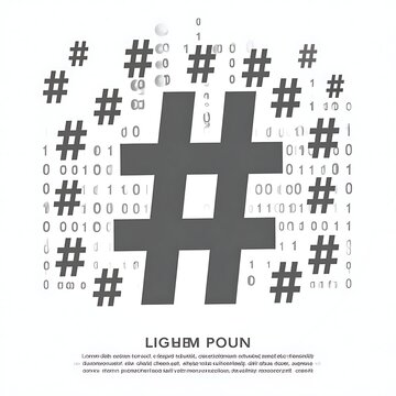 Large gray hashtag symbol with binary code.
